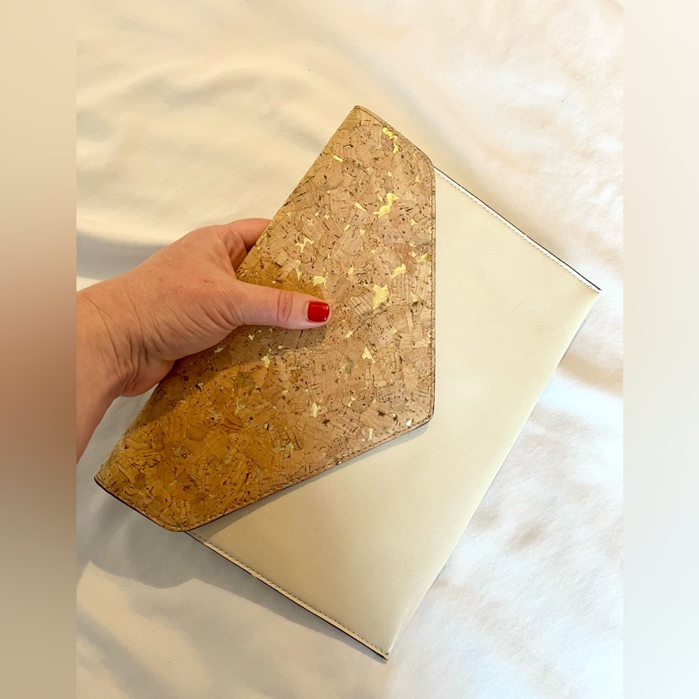 Oversized cork, metallic gold and cream envelope clutch